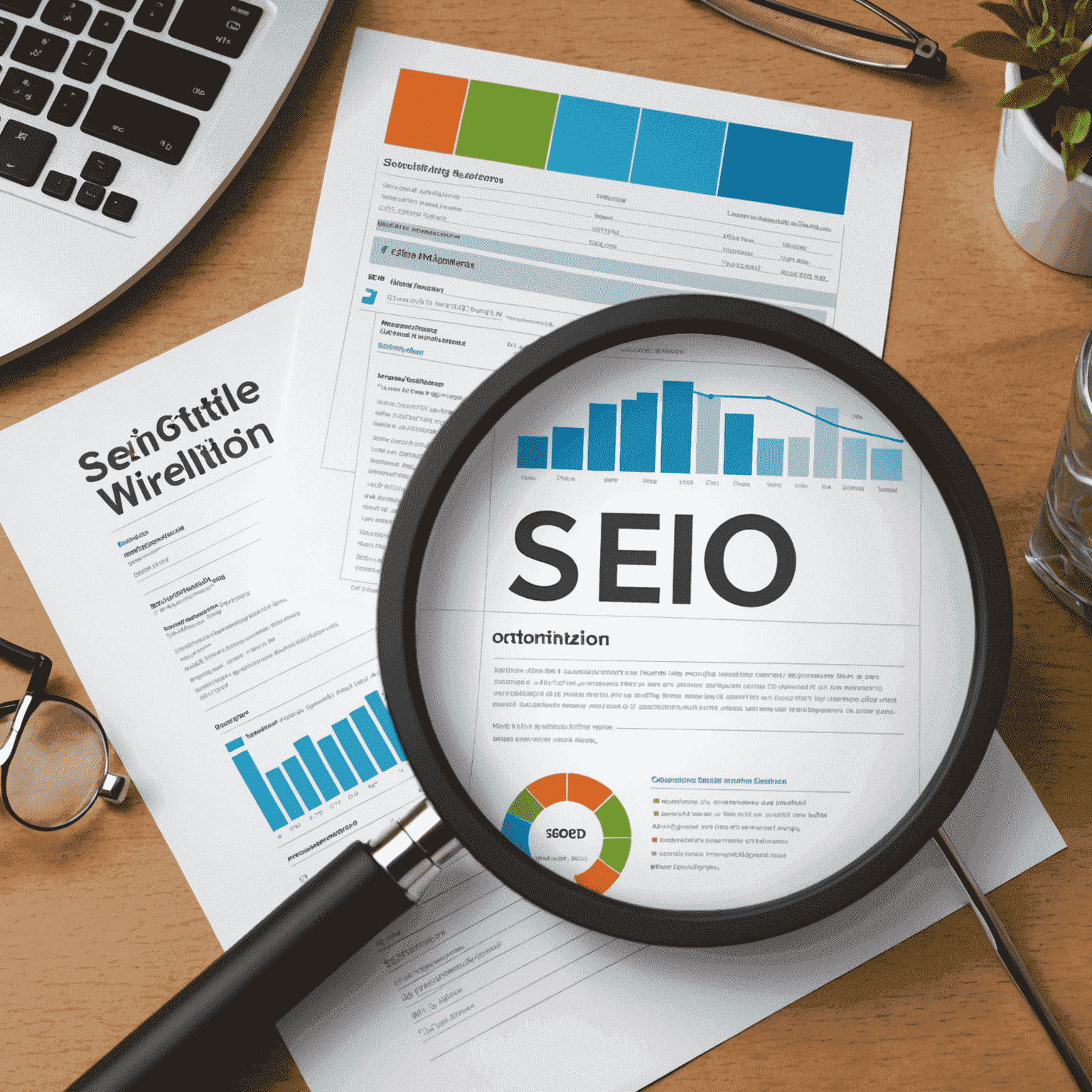 Conceptual image representing SEO optimization with graphs, charts and a magnifying glass examining website code