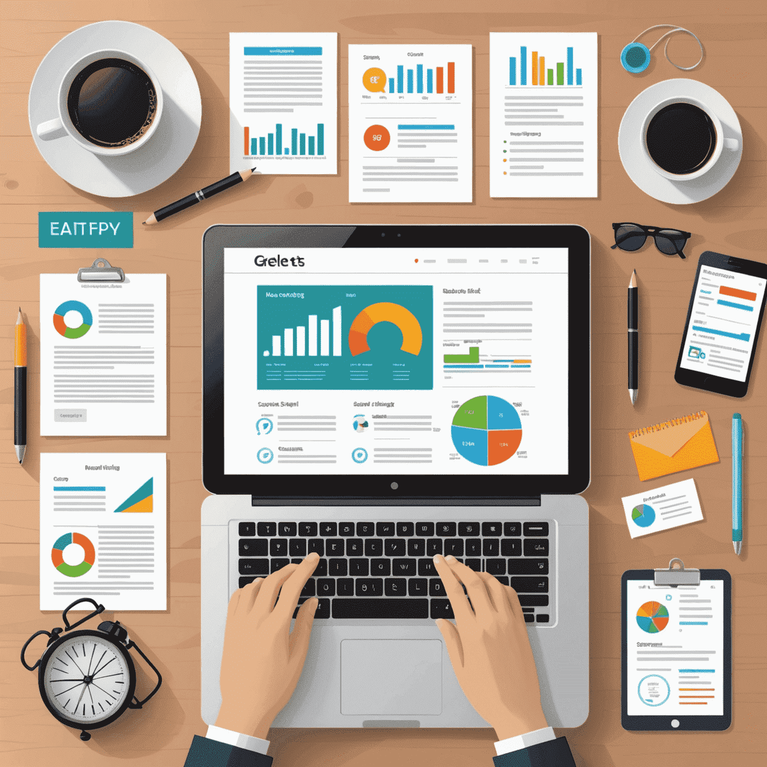 Illustration of a website with SEO elements such as meta tags, headings, and content, with graphs showing improved search rankings and traffic