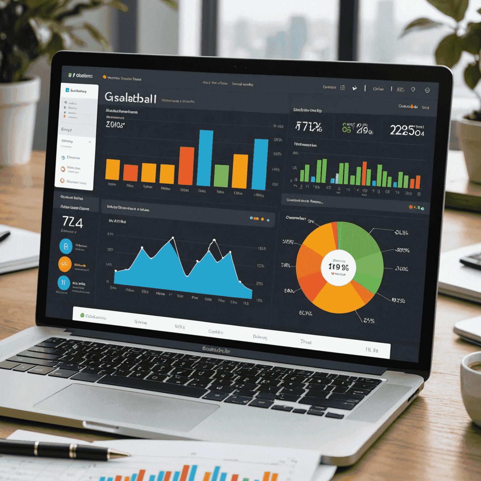 A dashboard displaying various web analytics metrics, including user behavior, traffic sources, and conversion rates. The dashboard features an intuitive, modern design with easy-to-read charts and graphs.