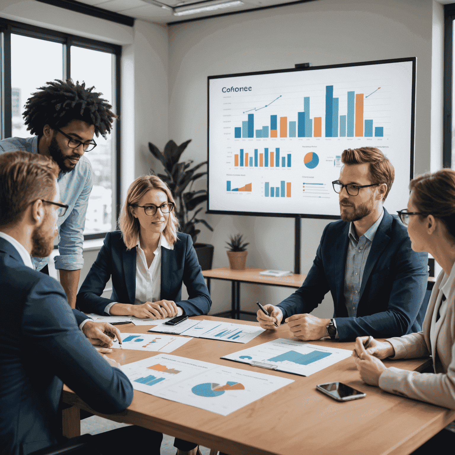 A group of marketing professionals discussing strategies around a conference table, with charts and graphs on a screen in the background