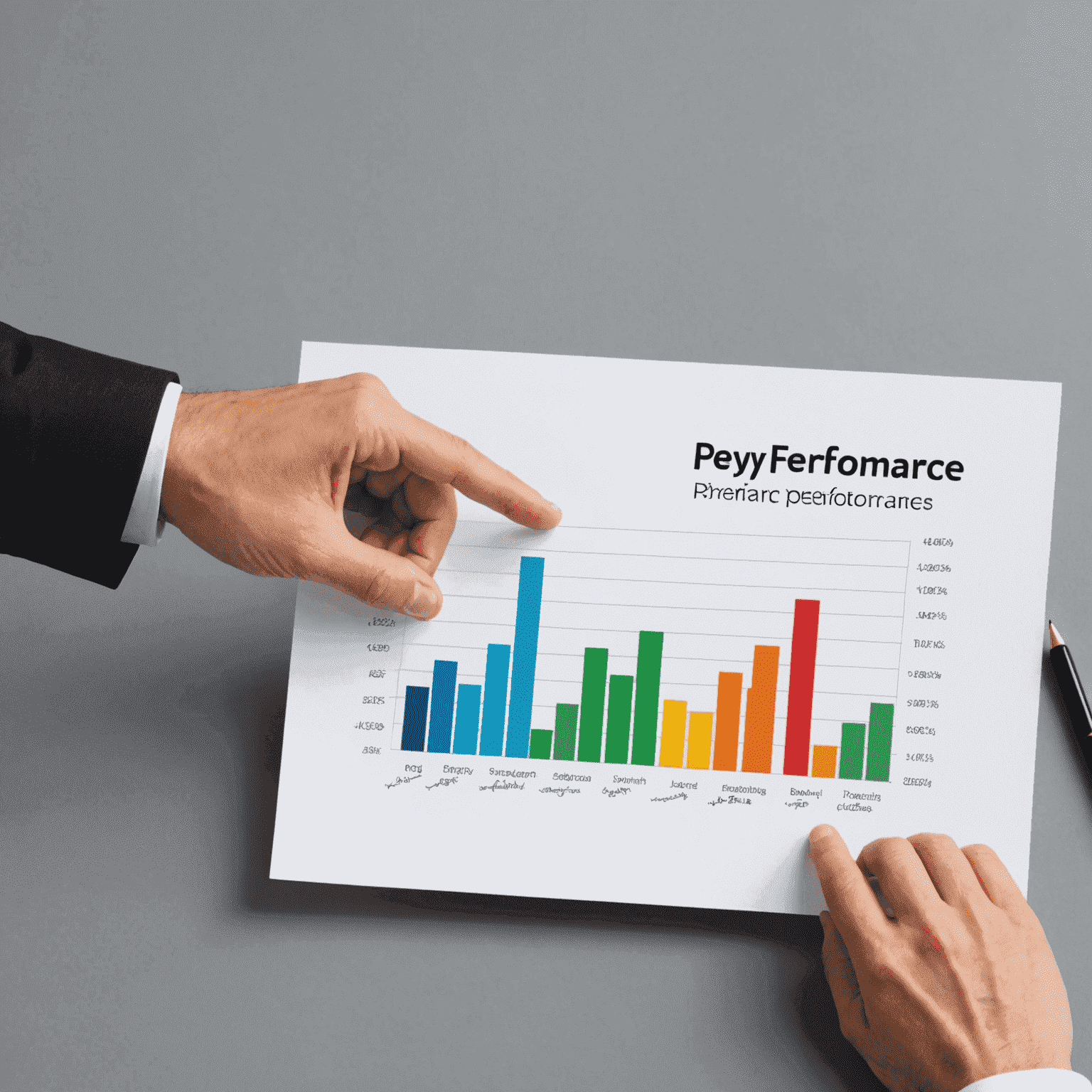 A line graph showing upward trending key performance indicators, with a hand pointing at the successful end result